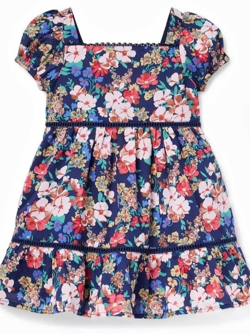 Janie and Jack Floral Puff Sleeve Dress Blue & Pink Girls 5